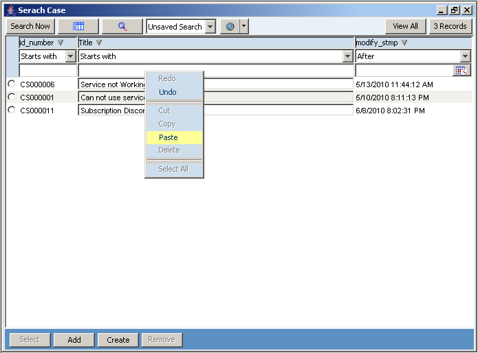 Search Case Editable Context